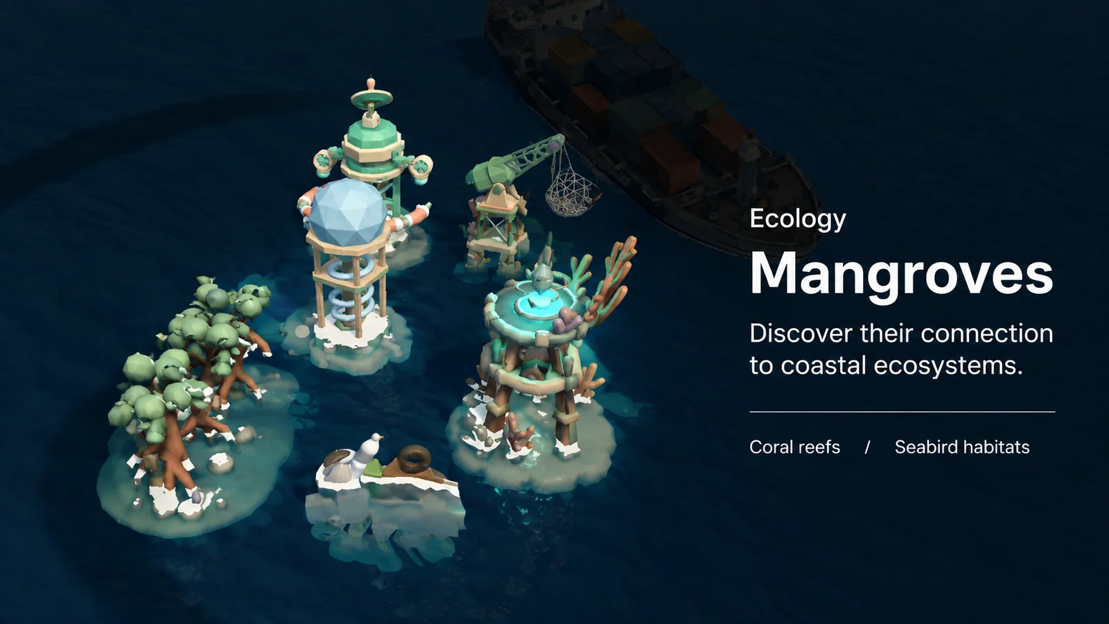 Ecology web design reference with bright game facilities against a dark ocean and white text.