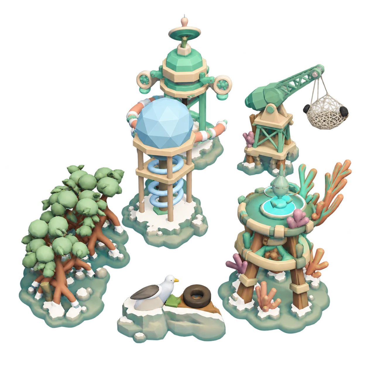 The game's pale blue purification dome, mint cleanup towers, mangrove barrier, coral tower and seabird island, presented above the dark ocean.
