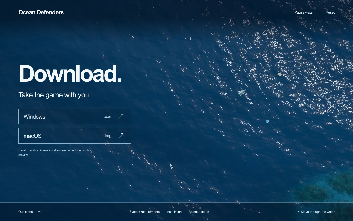 The working download page with deep blue waves, small floating litter and refracted underwater rock.